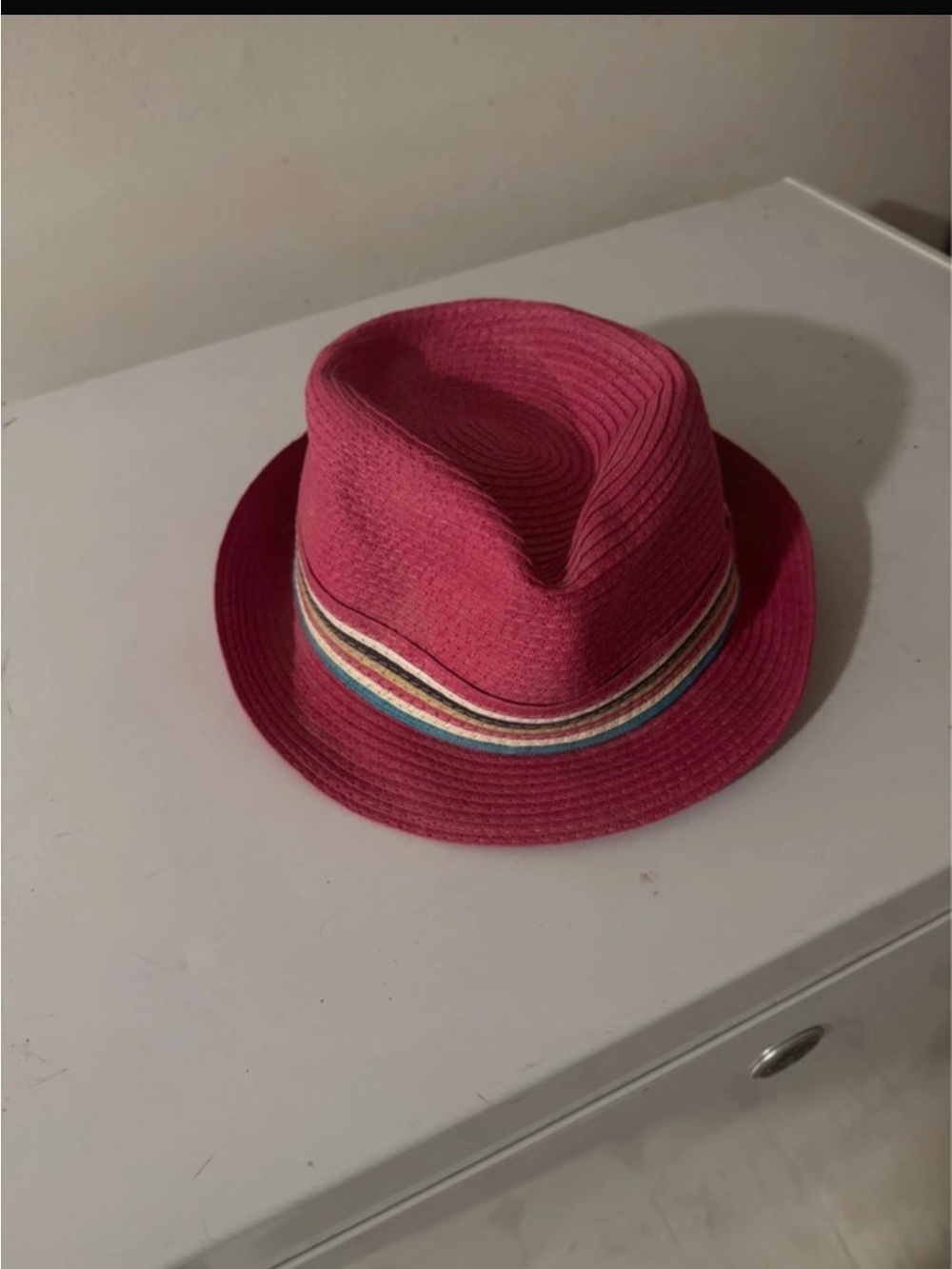 Women’s Pink Straw Fedora with Multicolor Band